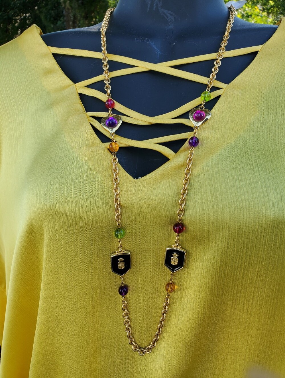 Gold Chain Long Necklace with Multicolor Beads